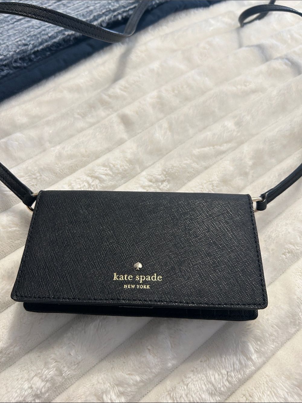 kate spade Black Saffiano Crossbody Wallet with Gold Logo Accent